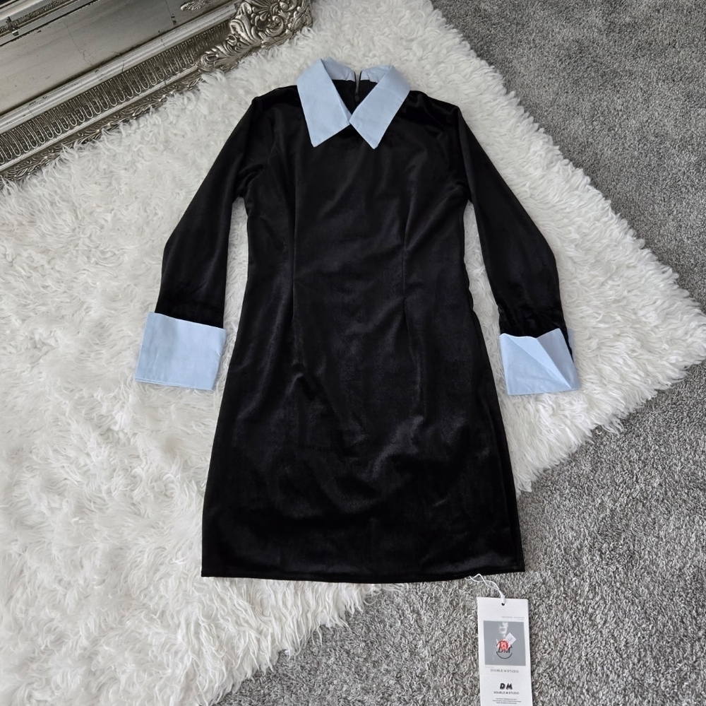 Black Mini Dress with Light Blue Contrast Collar & Cuffs